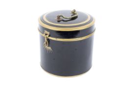 A vintage black painted tin wig box by Ede and Ravenscroft, London.