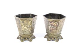 A pair of 20th century Chinese gilt bronze flared hexagonal planters.