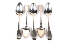 Five George III English provincial fiddle pattern tablespoons.