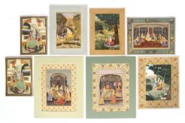 Indian School (Late 20th Century), eight unframed Indian miniature paintings in the Mughal style.