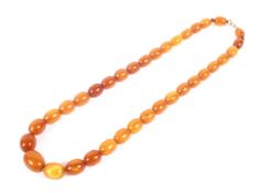 An early 20th century amber bead single row necklace. The oval beads graduated approx. 15.4 x 11.