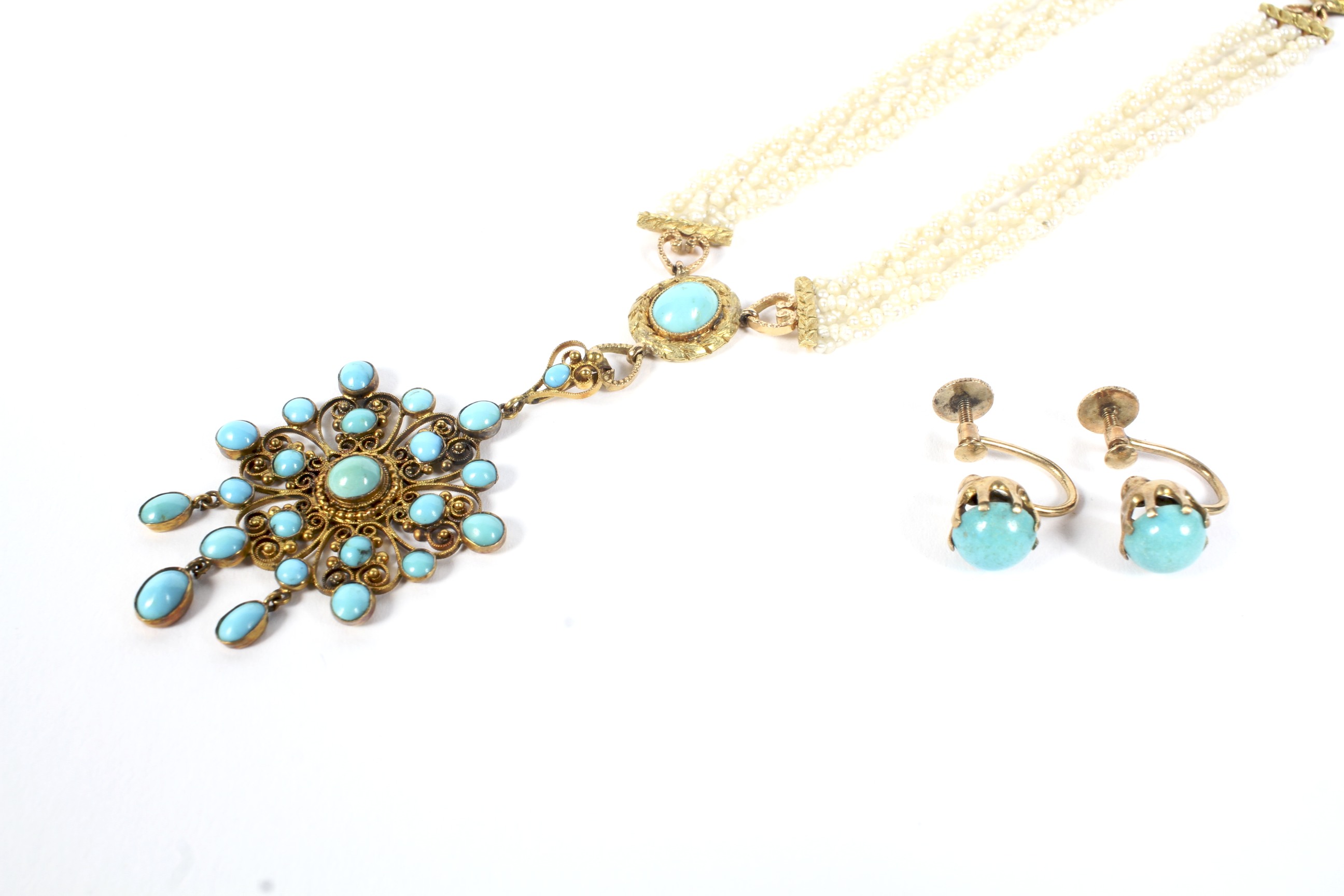 A Victorian gold, turquoise and seed pearl necklace and a pair of earrings. - Image 2 of 2