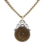 An early 20th century 18ct gold curb link necklace hung with a sovereign.