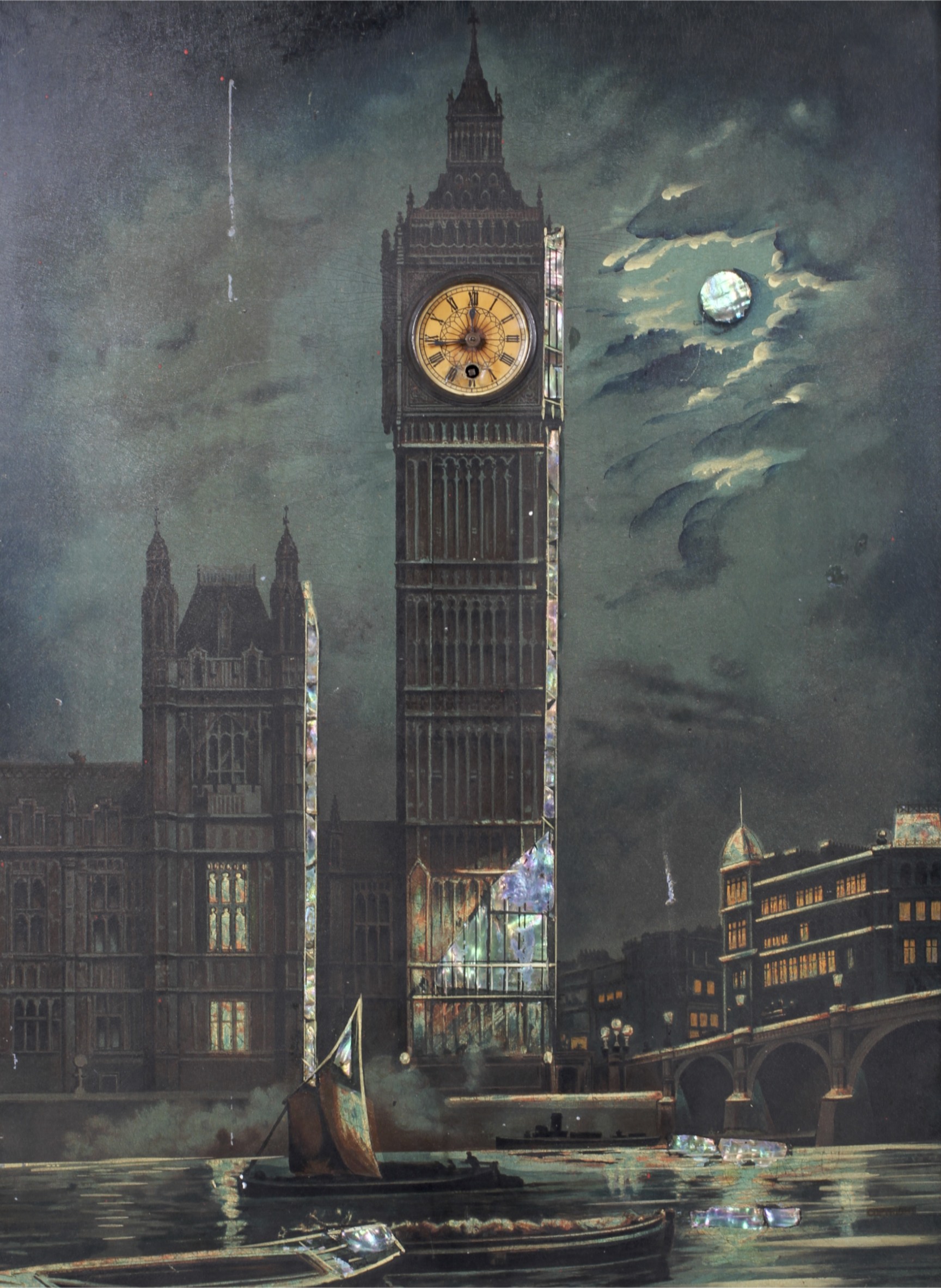 An early 20th century framed print of Big Ben. Inset with a windup time piece to the face (no key).