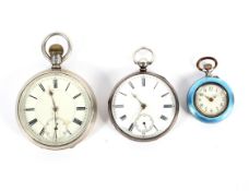 Two Victorian silver cased open face pocket watches and a fob watch.