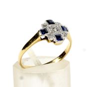An Art Deco gold, platinum, sapphire and diamond cluster ring.