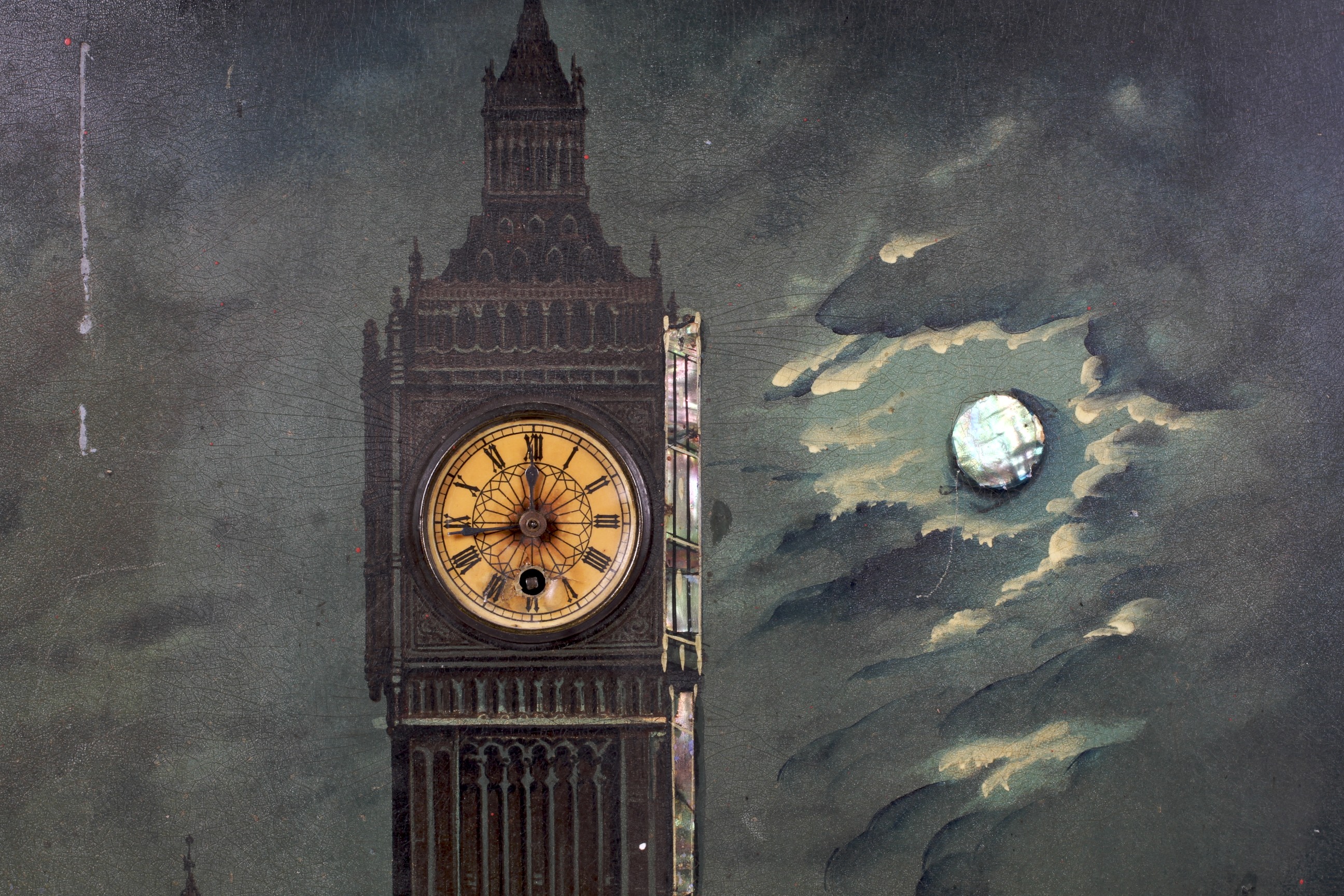 An early 20th century framed print of Big Ben. Inset with a windup time piece to the face (no key). - Image 3 of 3