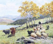 Early 20th century British School, Highland Shepherd in Landscape titled Changing Pastures,