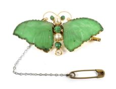 A Chinese export gold, jadeite and cultured-pearl butterfly brooch.