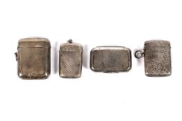 A Victorian silver snuff box and three silver vesta/match cases.