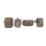 A Victorian silver snuff box and three silver vesta/match cases.