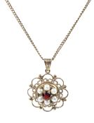 A vintage 9ct gold, garnet and cultured-half-pearl cluster pendant and chain.