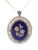 A vintage Continental gold, blue enamel and diamond oval brooch/pendant and a chain.