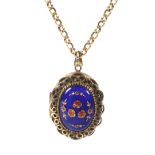 A vintage 9ct gold and enamel oval locket, and a chain.