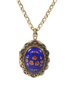 A vintage 9ct gold and enamel oval locket, and a chain.