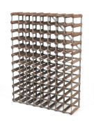 A metal and wood wine rack. capacity of 96 approx.