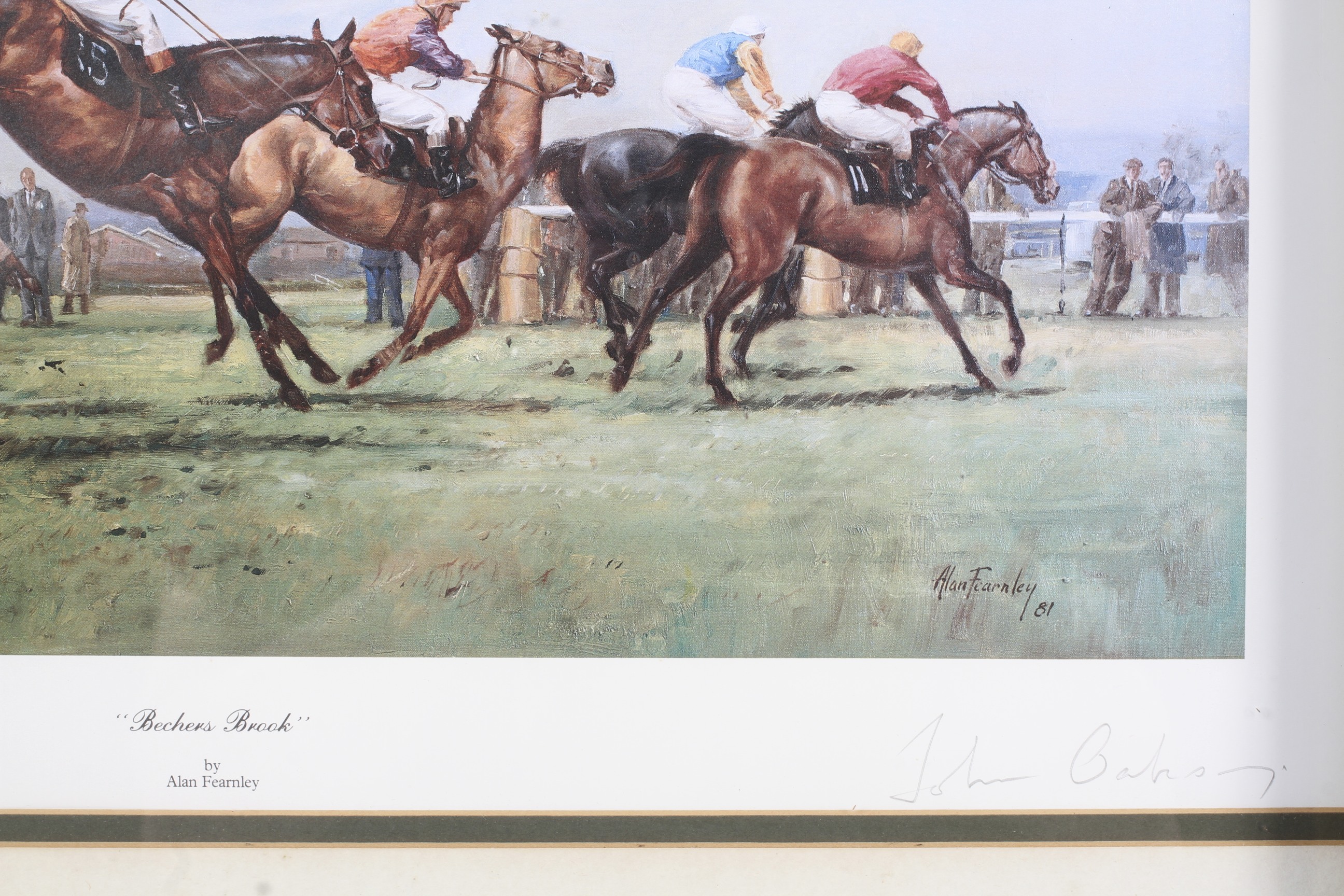 A print of 'Bechers Brook', signed by Lord John Oaksey, and a 'Racing Post' print. - Image 2 of 3