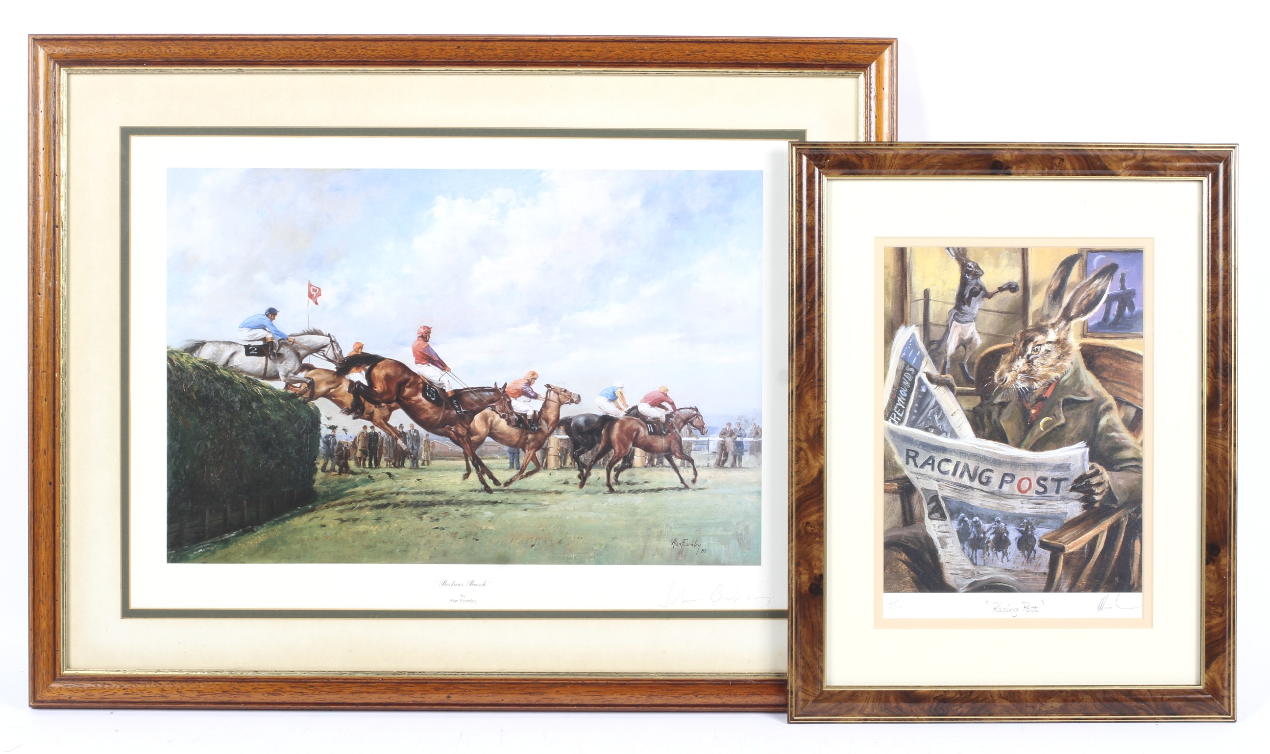 A print of 'Bechers Brook', signed by Lord John Oaksey, and a 'Racing Post' print.