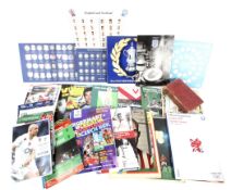 A box of circa sports ephemera items. Including football, rugby union, rugby league, athletics.