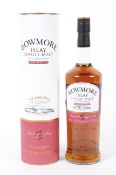 A bottle of Bowmore Islay single malt cask strength scotch whisky. Boxed, 1l, 56% vol.