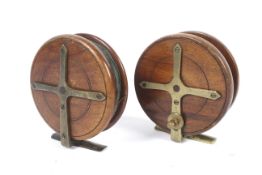 Two wooden 'Nottingham' style 4 inch brass starback reels.