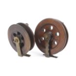 Two vintage wooden Scarborough style sea fishing reels - 7 inch and 6 inch (Slater style latch).