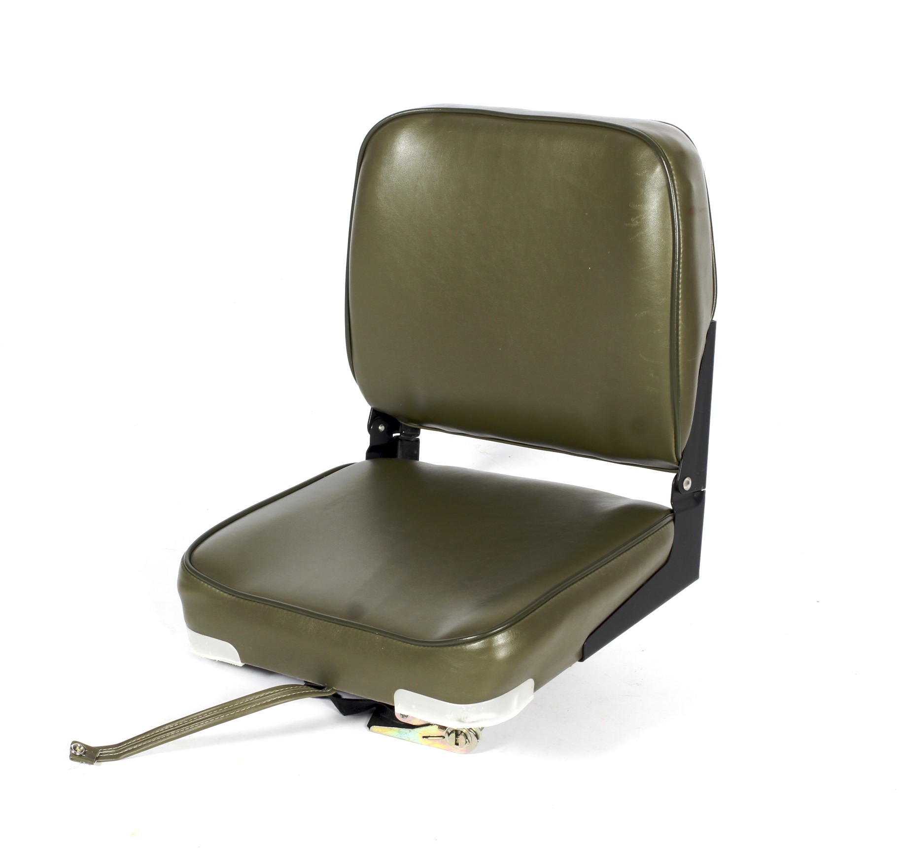 A swivel boat seat. Green upholstery on a metal base, 360 degree swivel, 40cm x 26cm when folded.