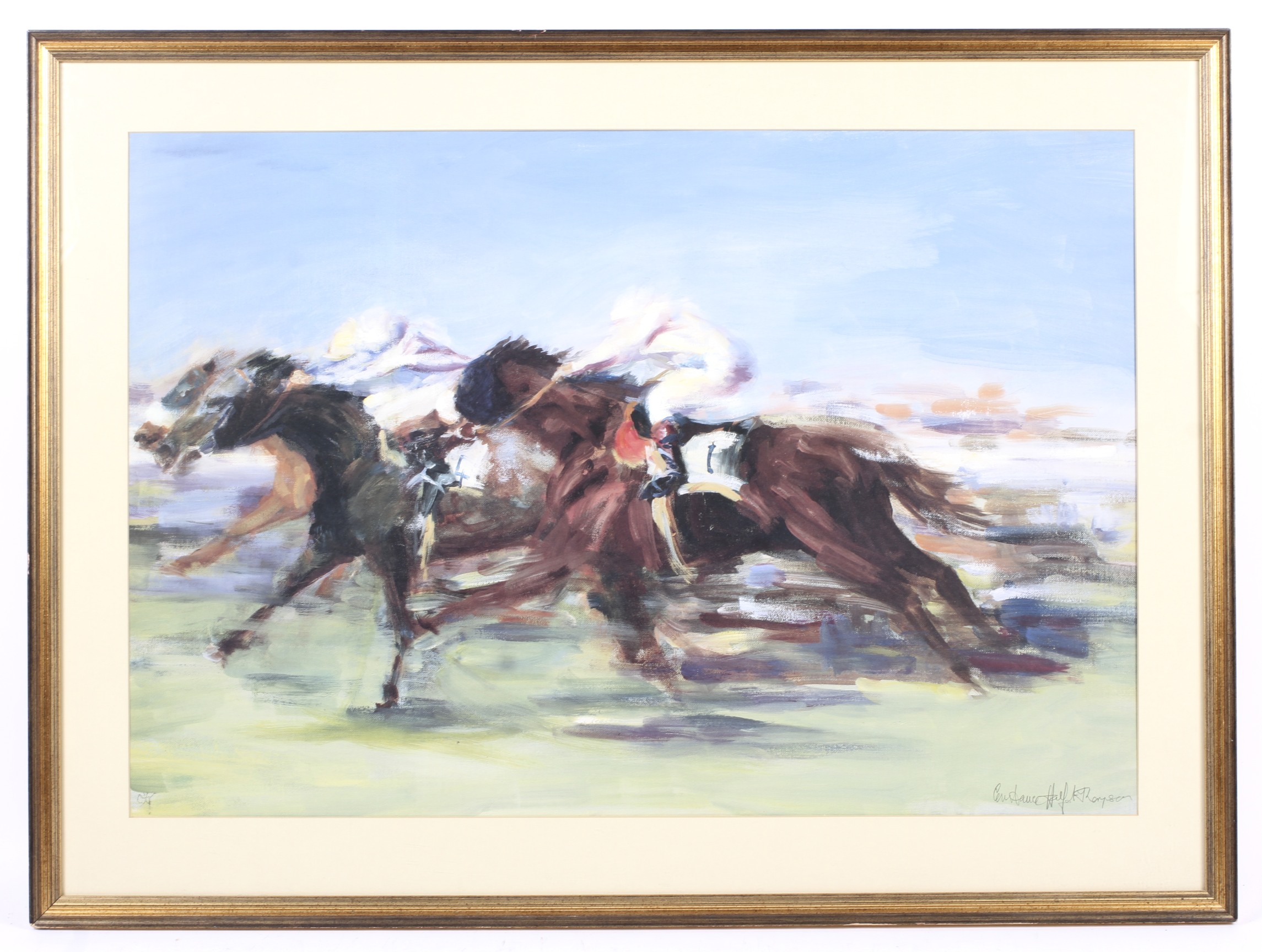 Constance Halford-Thompson, a colour print of racing horses, signed lower right.