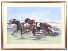 Constance Halford-Thompson, a colour print of racing horses, signed lower right.