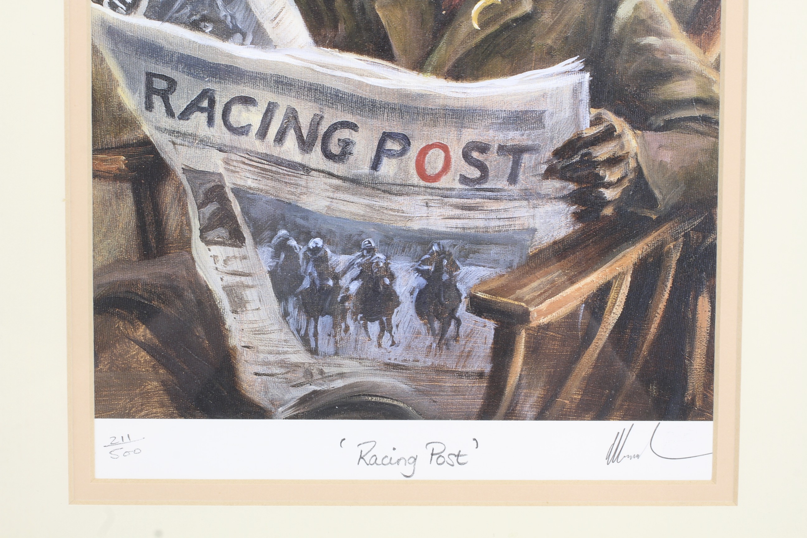 A print of 'Bechers Brook', signed by Lord John Oaksey, and a 'Racing Post' print. - Image 3 of 3