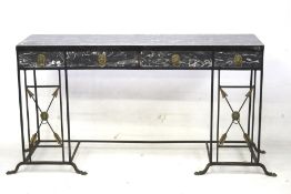 A Neo classical style console table. On an open metalwork base, four drawers and a faux marble top.