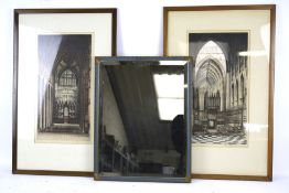 Two Edward Sharland prints and a bevelled edge mirror.