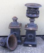 A pair of black cast iron urns on plinths. One AF.