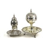 Two contemporary white metal incense burners on stands. Decorative engraving and piercework. Max.