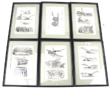 A set of six black and white agricultural prints.