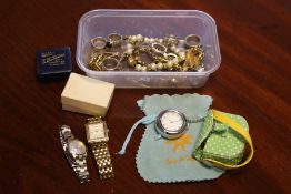 Assortment of ladies wristwatches, white metal rings,