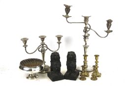 Various candlesticks, a rose bowl and a pair of lions. Max.