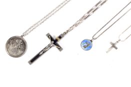 Four silver and white metal St Christopher and cross pendants and chains.