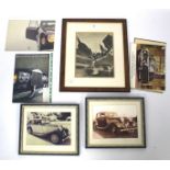 An assortment of automobilia ephemera. Including framed photographs, magazines, pictures, etc.