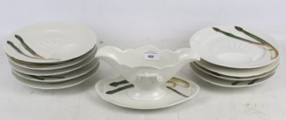 Set of 1920s asparagus plates and a matching pedestal sauce dish by Richard Ginori-hand painted.
