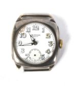 A vintage silver watch case. The white enamel dial with Arabic numerals and marked 'J.W.