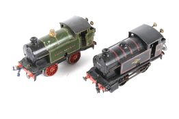 Two Hornby O gauge clockwork tinplate locomotives. Both 0-4-0, one with GWR livery no.