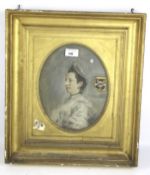 JH Hamilton, 19th century pastel portrait of a lady with family crest. Signed in pencil bottom left.