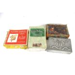 Three vintage wooden jigsaw puzzles and a box of costume jewellery.