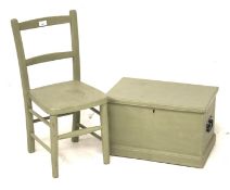 A vintage wooden child's chair and blanket box.