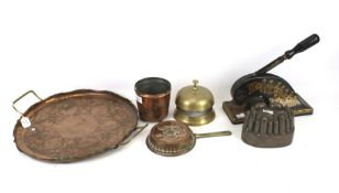 An assortment of metalware. Including a desk embossing press, jelly mould and copper tray, etc. Max.