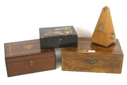 A mahogany sewing box, metronome, Japanese lacquered box and a burr walnut writing slope.