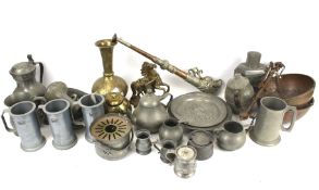 A collection of assorted vintage metalware. Including balance scales, plates, etc. Max.