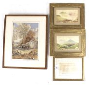 Three 20th century watercolours and a Victorian sampler. Two of the watercolours signed 'E. A.