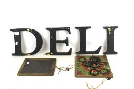 A mixed lot of collectables. Including 'DELI' plaster sign letters, H22.